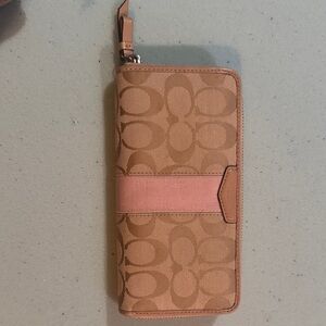 Coach Signature Tan and Pink Zip Wallet